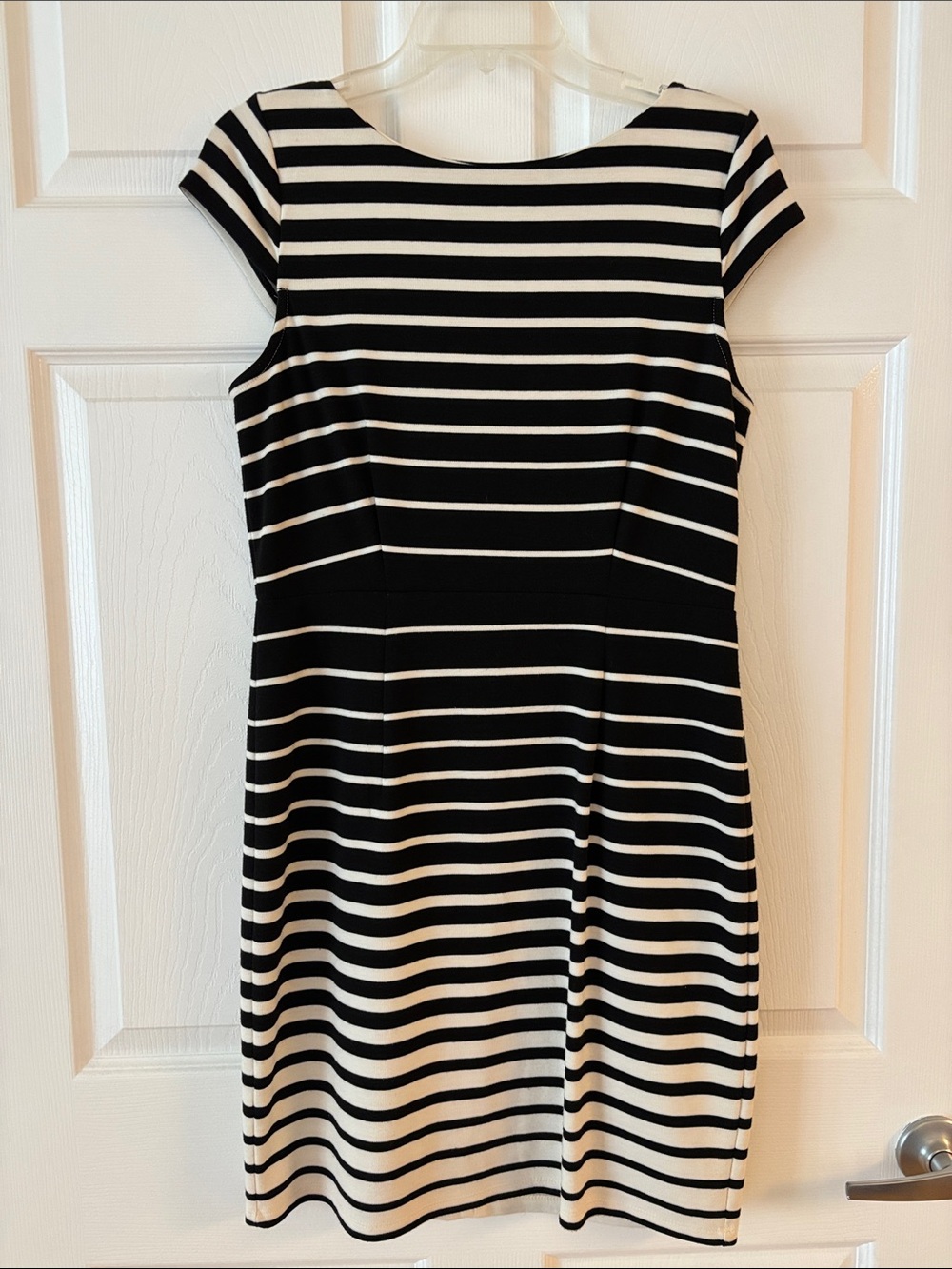 LOFT Black and White Striped Cap-Sleeve Midi Dress